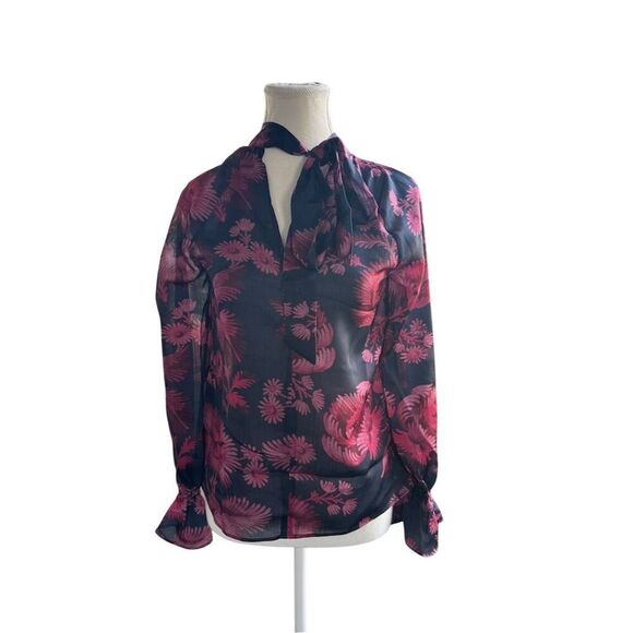 Ted Baker London Women's Floral Blouse Size 0 Multicolor Long Sleeve Tie Neck - Picture 2 of 16